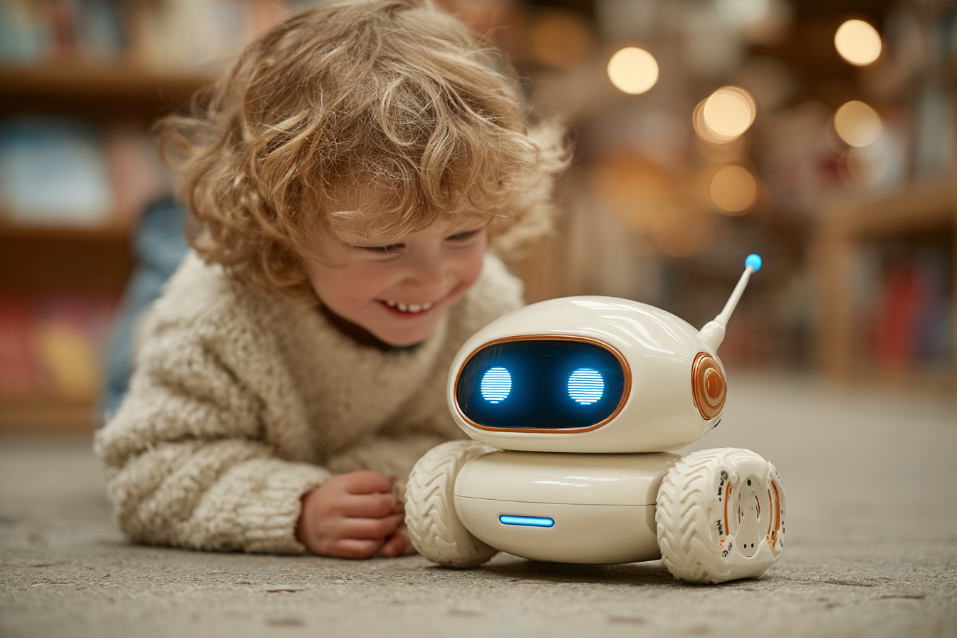 KI-Roboter interagiert mit Kind in Klassenzimmer – Künstliche Intelligenz in der Bildung
