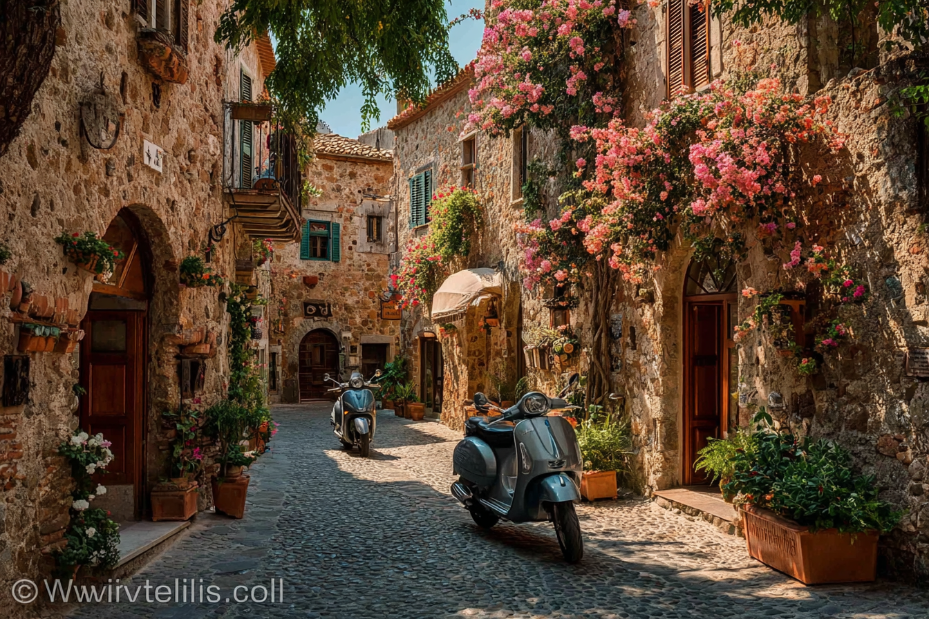 Couple exploring an Italian village on scooters