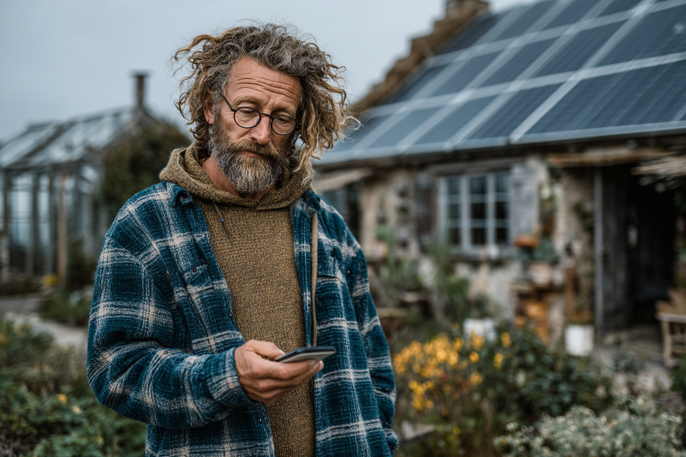 Mann überwacht Solarpanel-Energie-App im Hinterhof – Solarsteuer-Guthaben 2026